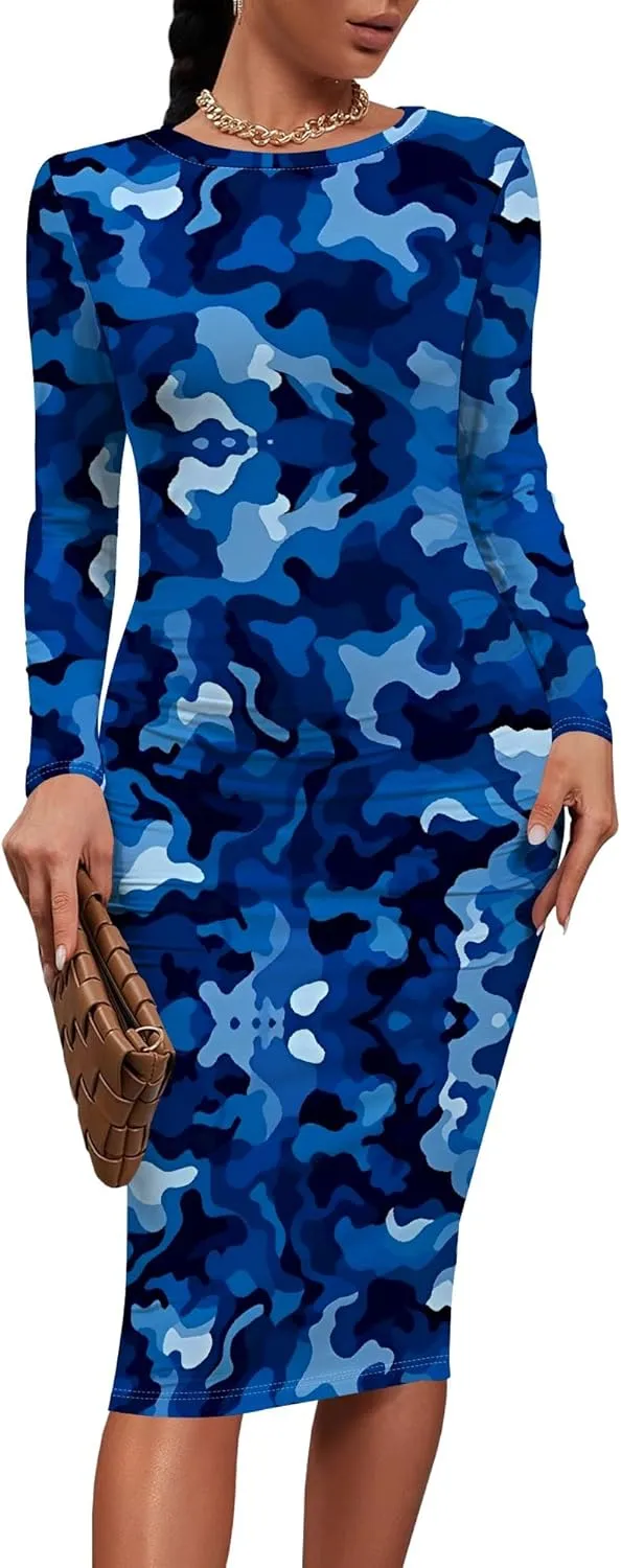 Women's Summer Midi Bodycon Dresses Round Neck Long Sleeve Casual Fall Ruched Waist Short Party Club Slim Fit Dress