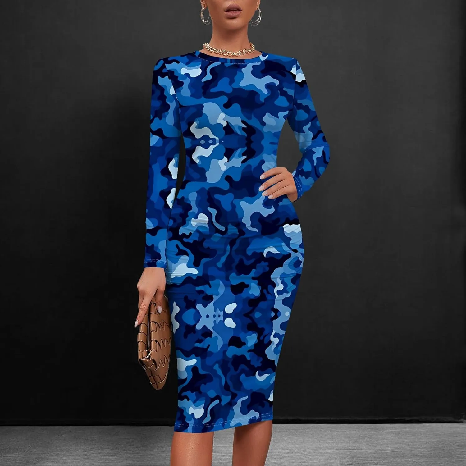 Women's Summer Midi Bodycon Dresses Round Neck Long Sleeve Casual Fall Ruched Waist Short Party Club Slim Fit Dress