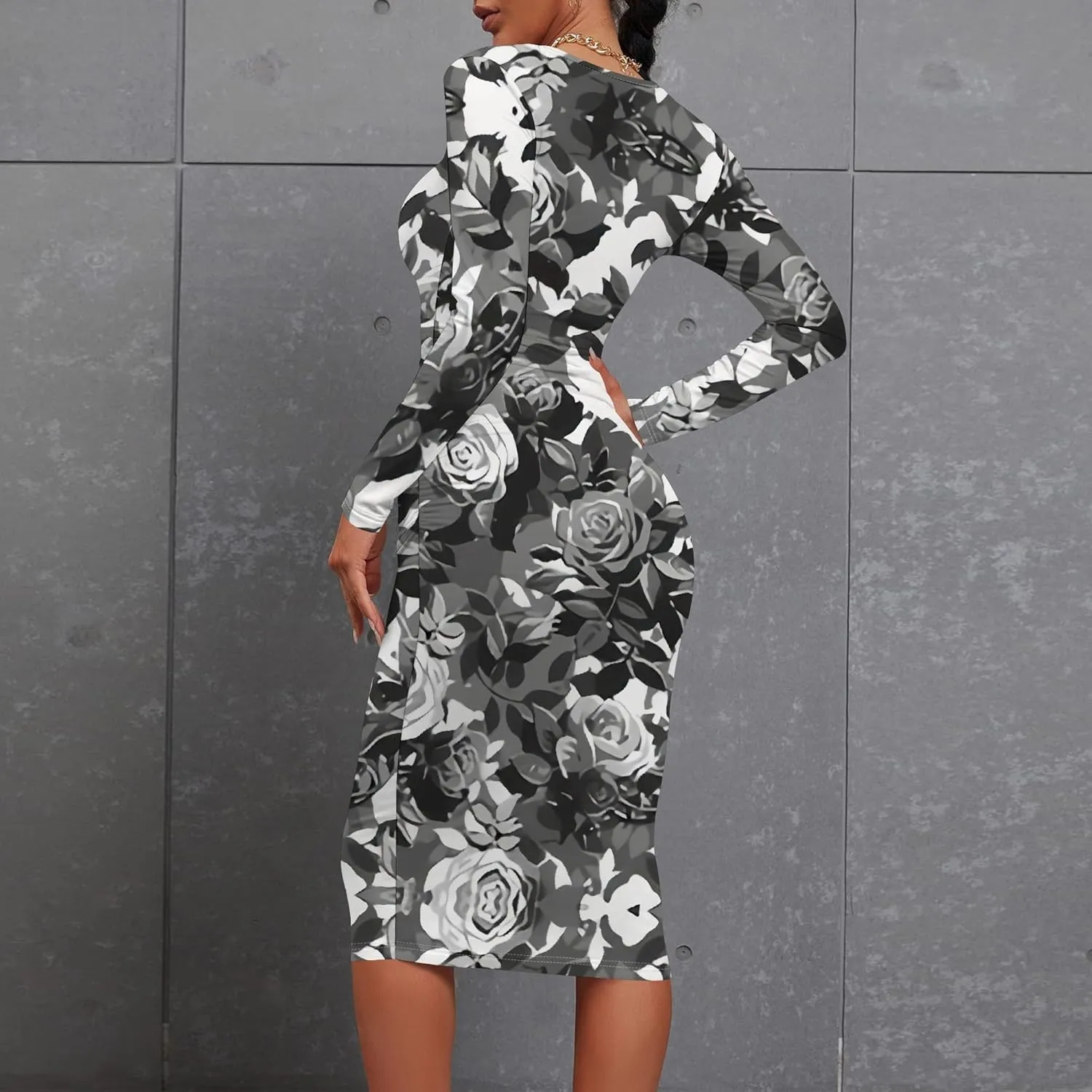 Women's Summer Midi Bodycon Dresses Round Neck Long Sleeve Casual Fall Ruched Waist Short Party Club Slim Fit Dress