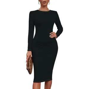 Women's Summer Midi Bodycon Dresses Round Neck Long Sleeve Casual Fall Ruched Waist Short Party Club Slim Fit Dress