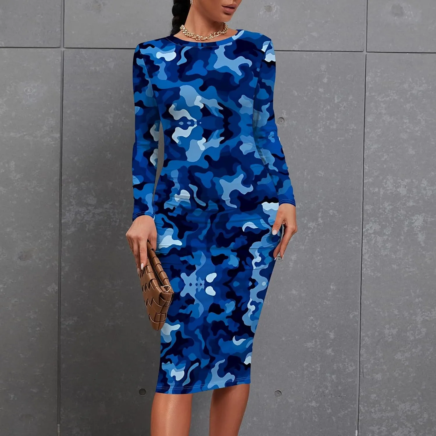 Women's Summer Midi Bodycon Dresses Round Neck Long Sleeve Casual Fall Ruched Waist Short Party Club Slim Fit Dress