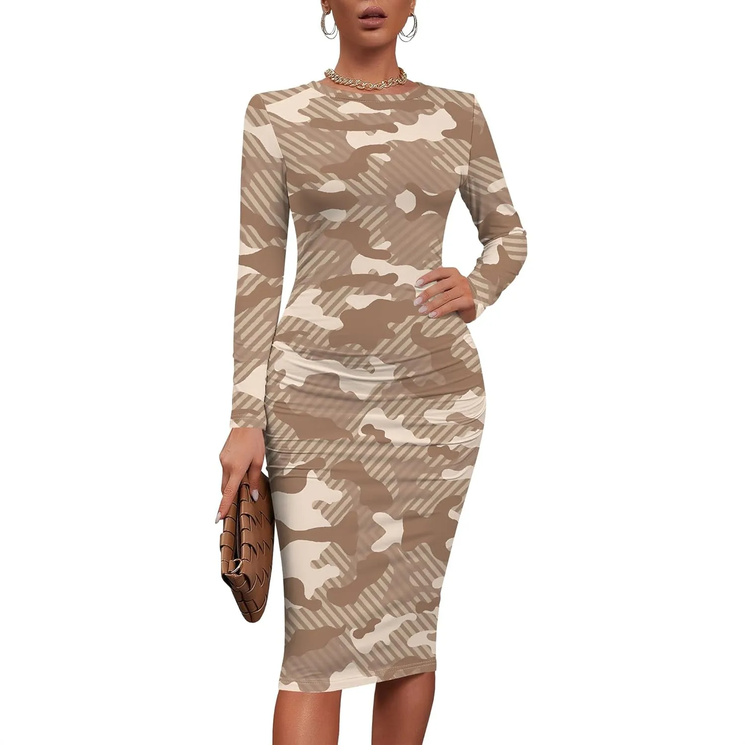 Women's Summer Midi Bodycon Dresses Round Neck Long Sleeve Casual Fall Ruched Waist Short Party Club Slim Fit Dress
