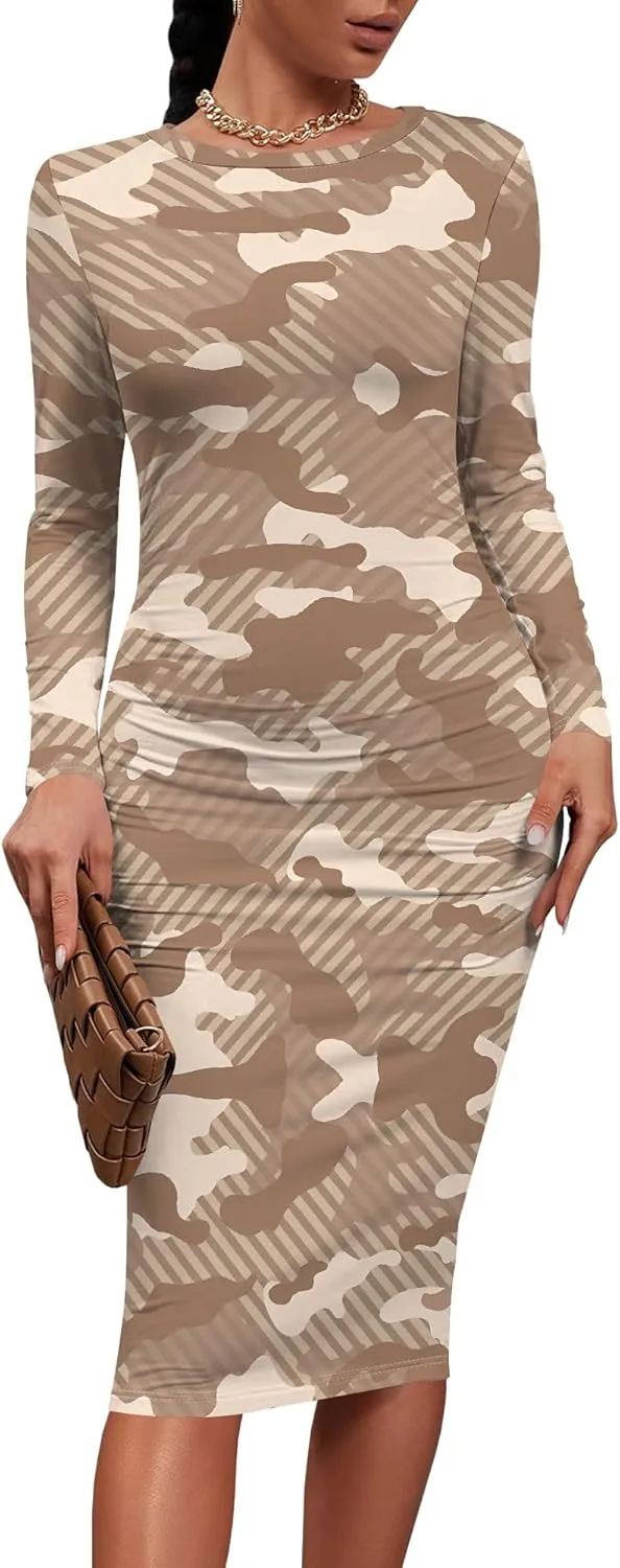 Women's Summer Midi Bodycon Dresses Round Neck Long Sleeve Casual Fall Ruched Waist Short Party Club Slim Fit Dress