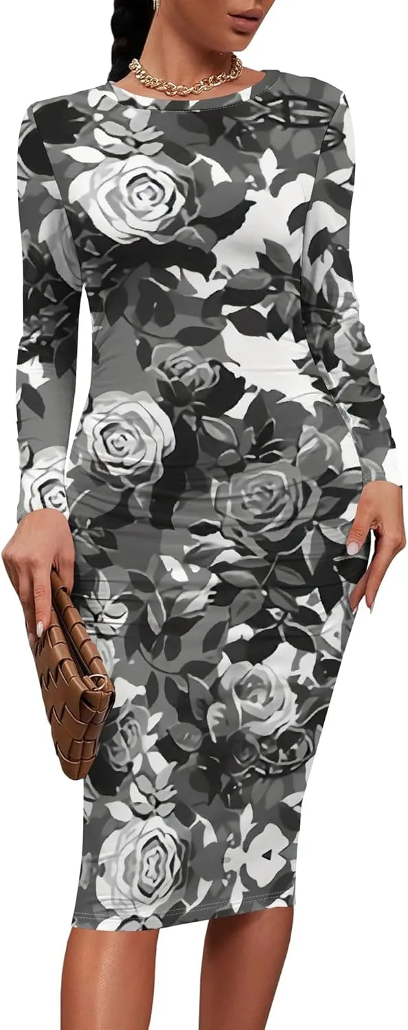 Women's Summer Midi Bodycon Dresses Round Neck Long Sleeve Casual Fall Ruched Waist Short Party Club Slim Fit Dress