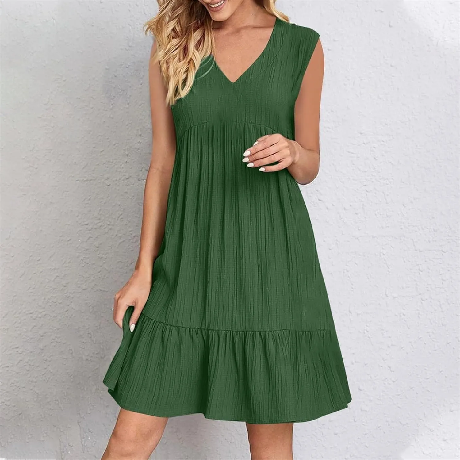 Womens Summer Short Sleeve Dresses V Neck Casual Solid Ruffle Tiered Layered Flowy A-Line Dress 2025 Beach Vacation