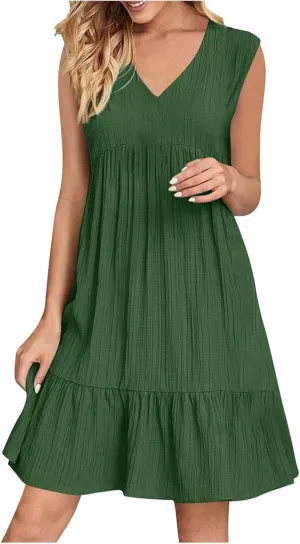 Womens Summer Short Sleeve Dresses V Neck Casual Solid Ruffle Tiered Layered Flowy A-Line Dress 2025 Beach Vacation