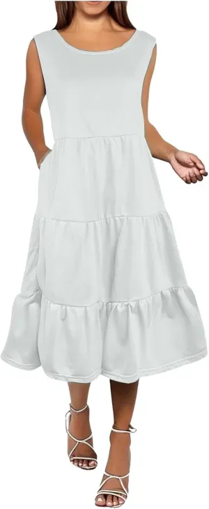Women's Summer Sleeveless Maxi Sundress Swing Casual Flowy Tiered Shirts Dress Beach Travel Vacation Outfits