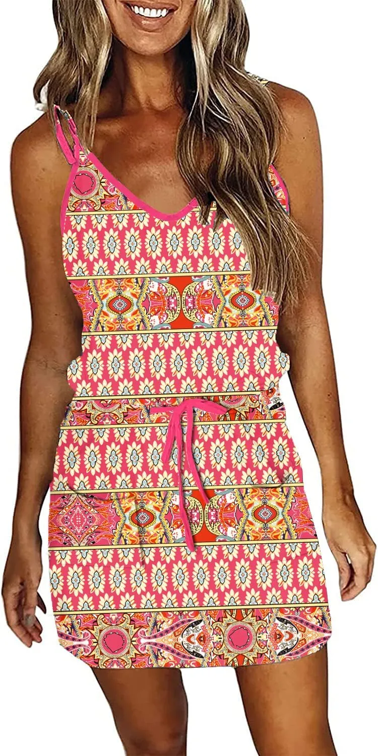 Womens Summer Trendy Striped Dresses Sleeveless Halter Strap Mini Dress with Pockets