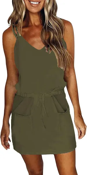 Womens Summer Trendy Striped Dresses Sleeveless Halter Strap Mini Dress with Pockets