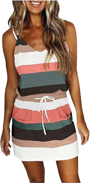 Womens Summer Trendy Striped Dresses Sleeveless Halter Strap Mini Dress with Pockets