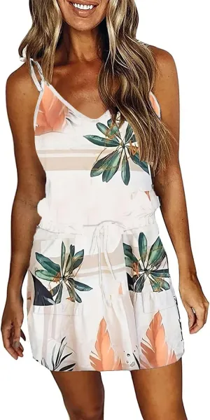 Womens Summer Trendy Striped Dresses Sleeveless Halter Strap Mini Dress with Pockets