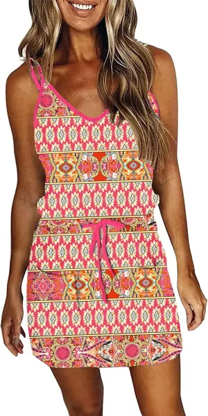 Womens Summer Trendy Striped Dresses Sleeveless Halter Strap Mini Dress with Pockets