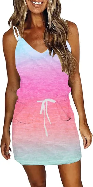 Womens Summer Trendy Striped Dresses Sleeveless Halter Strap Mini Dress with Pockets