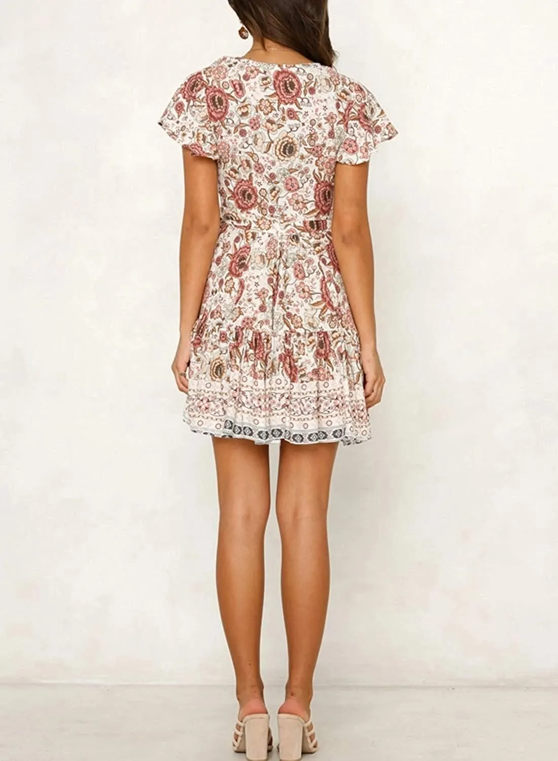 Womens Summer Wrap V Neck Dresses Bohemian Floral Print Ruffle Swing A Line Beach Mini Dress