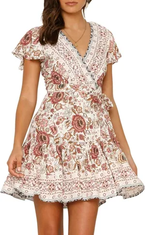Womens Summer Wrap V Neck Dresses Bohemian Floral Print Ruffle Swing A Line Beach Mini Dress