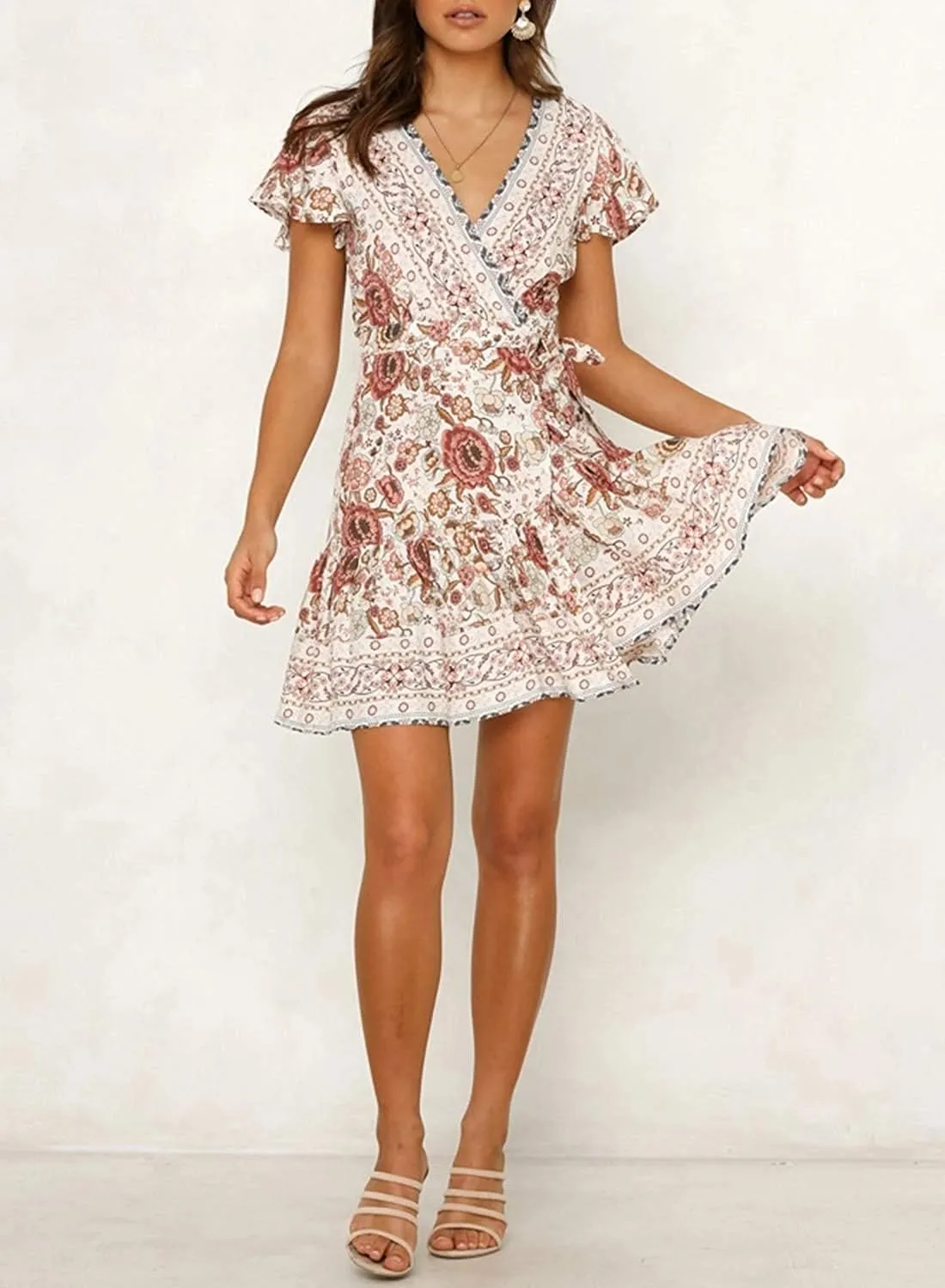 Womens Summer Wrap V Neck Dresses Bohemian Floral Print Ruffle Swing A Line Beach Mini Dress