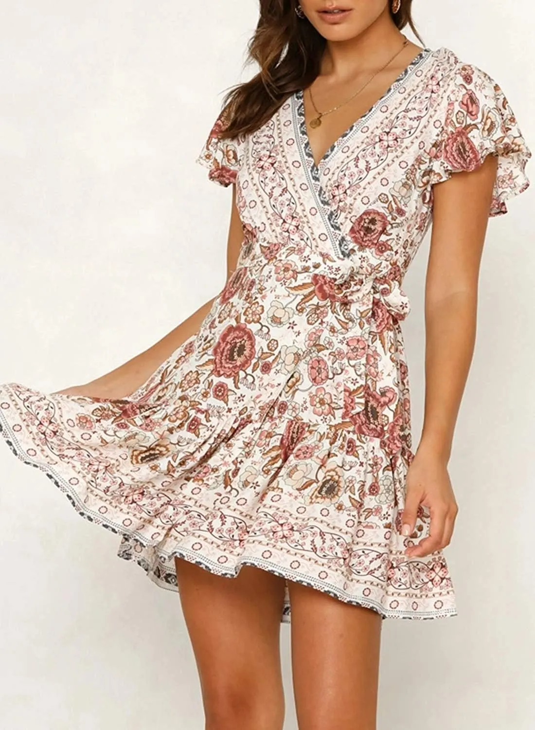 Womens Summer Wrap V Neck Dresses Bohemian Floral Print Ruffle Swing A Line Beach Mini Dress
