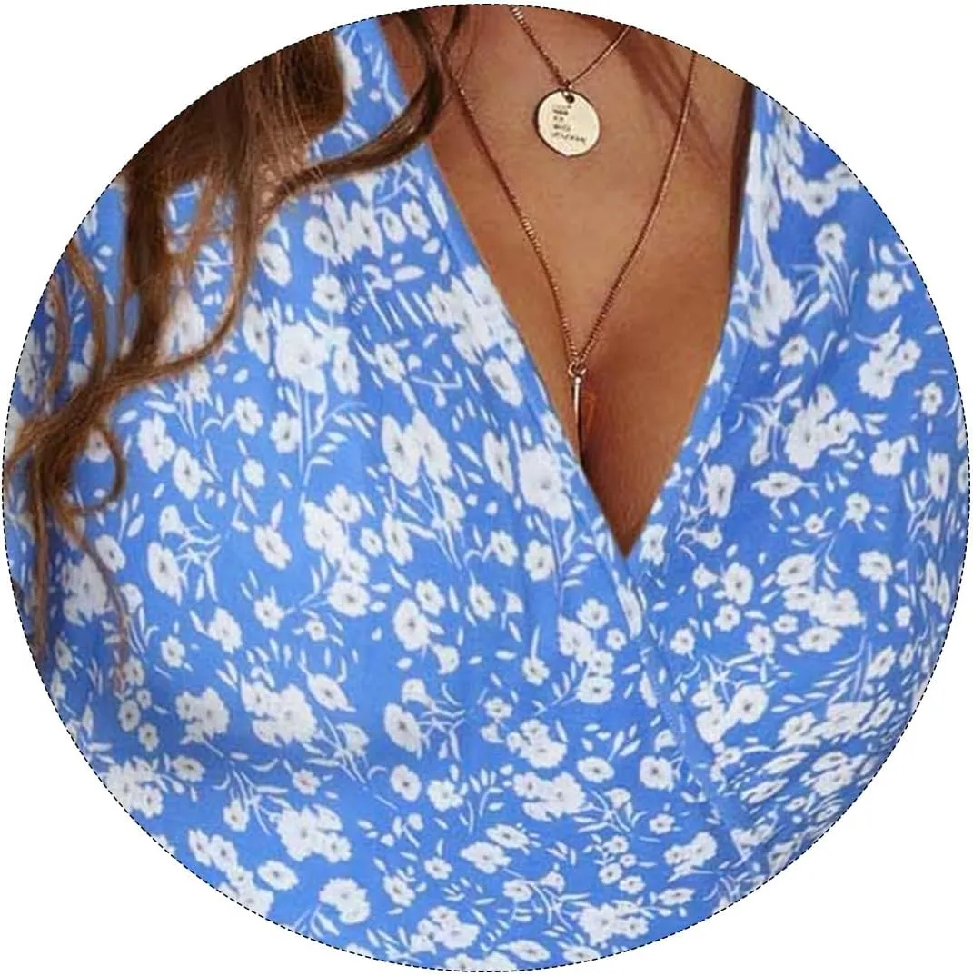 Womens Sundress Floral Smocked V Neck Dresses A-Line Short Sleeve Wrap Midi Dress Casual Flowy Dress Boho Beach Dresses