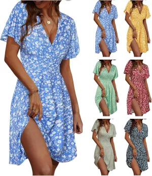 Womens Sundress Floral Smocked V Neck Dresses A-Line Short Sleeve Wrap Midi Dress Casual Flowy Dress Boho Beach Dresses