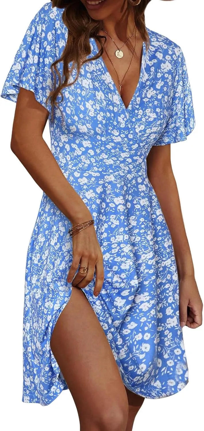 Womens Sundress Floral Smocked V Neck Dresses A-Line Short Sleeve Wrap Midi Dress Casual Flowy Dress Boho Beach Dresses