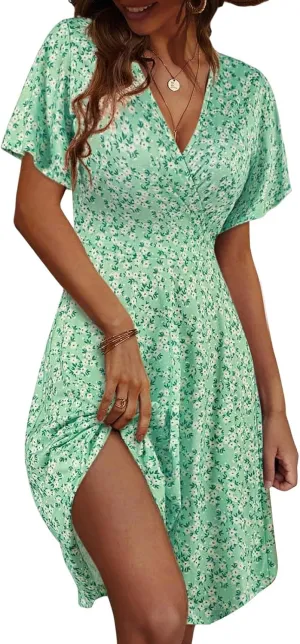Womens Sundress Floral Smocked V Neck Dresses A-Line Short Sleeve Wrap Midi Dress Casual Flowy Dress Boho Beach Dresses