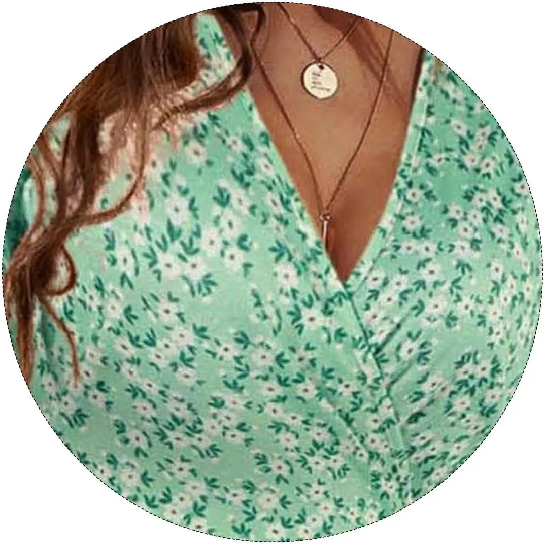 Womens Sundress Floral Smocked V Neck Dresses A-Line Short Sleeve Wrap Midi Dress Casual Flowy Dress Boho Beach Dresses