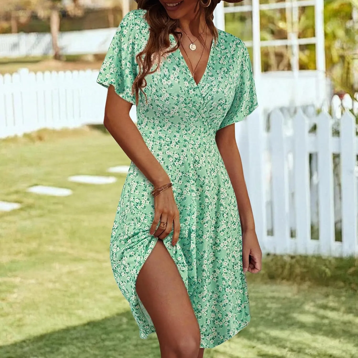 Womens Sundress Floral Smocked V Neck Dresses A-Line Short Sleeve Wrap Midi Dress Casual Flowy Dress Boho Beach Dresses