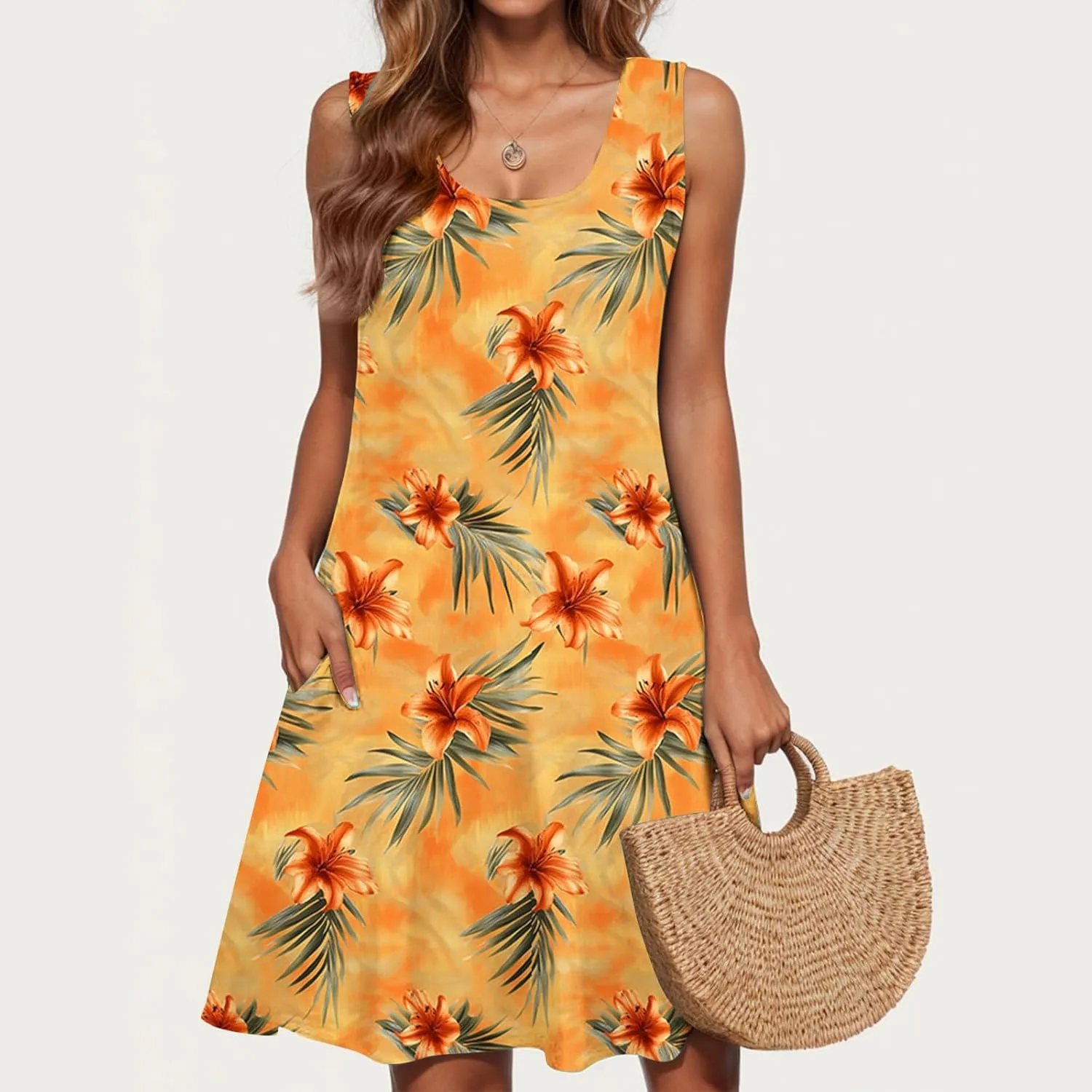 Womens Sundress with Pockets Summer Casual Sleeveless Tank Dress Floral Print Bohemian Dresses Vacation Clothes