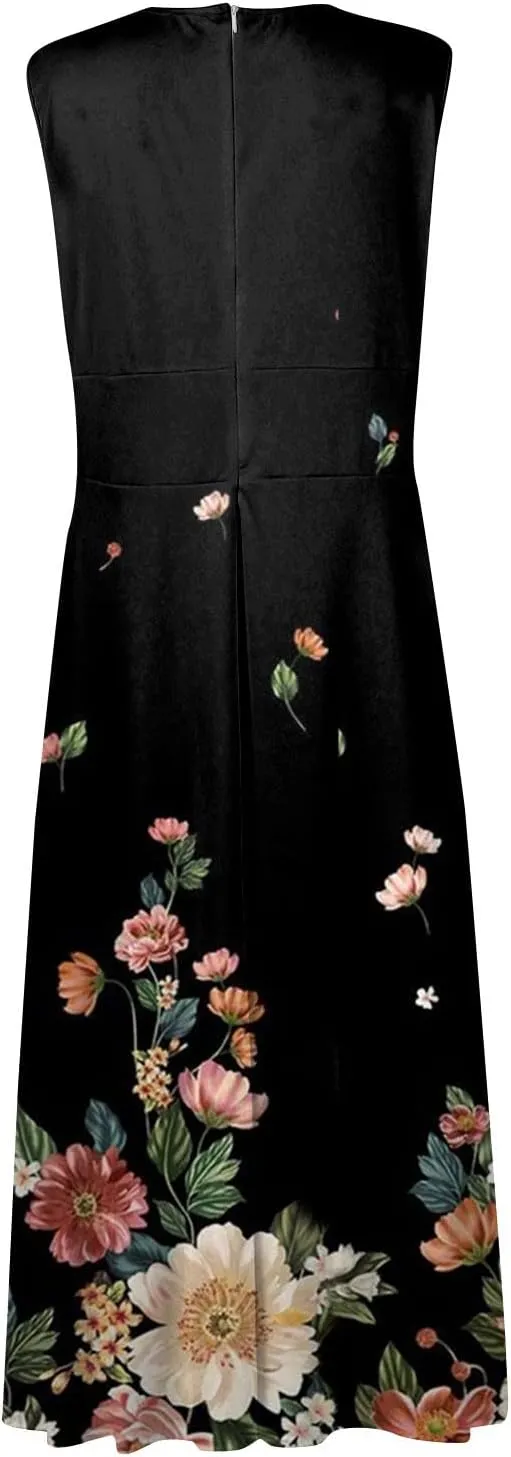 Women's Sundresses 2025 V-Neck Floral Print Sleeveless Casual Swing High Waist Long Maxi Dress, S-3XL