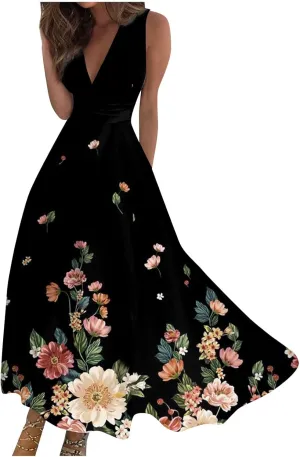 Women's Sundresses 2025 V-Neck Floral Print Sleeveless Casual Swing High Waist Long Maxi Dress, S-3XL