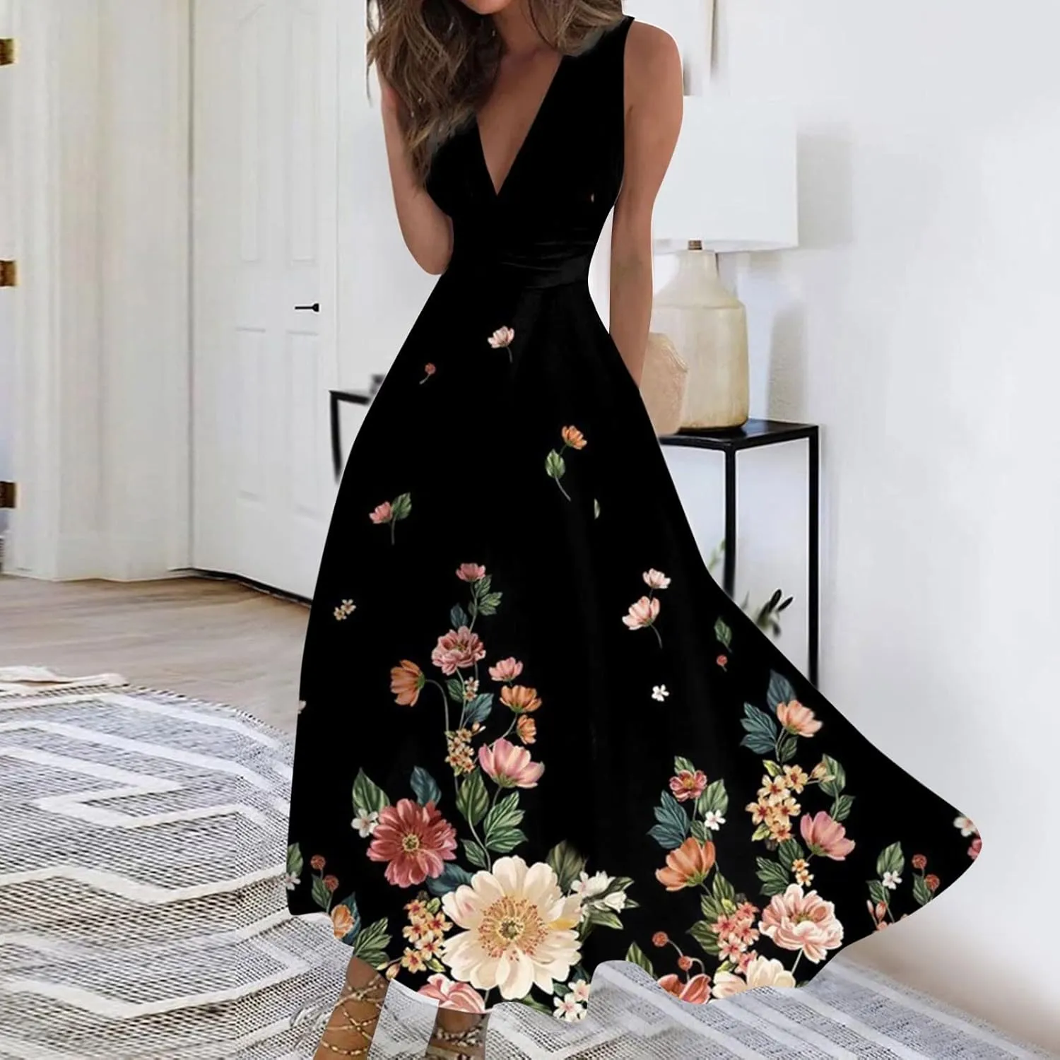 Women's Sundresses 2025 V-Neck Floral Print Sleeveless Casual Swing High Waist Long Maxi Dress, S-3XL