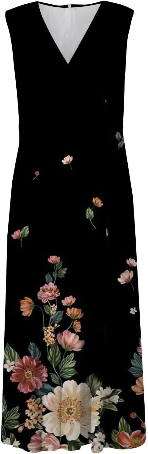Women's Sundresses 2025 V-Neck Floral Print Sleeveless Casual Swing High Waist Long Maxi Dress, S-3XL