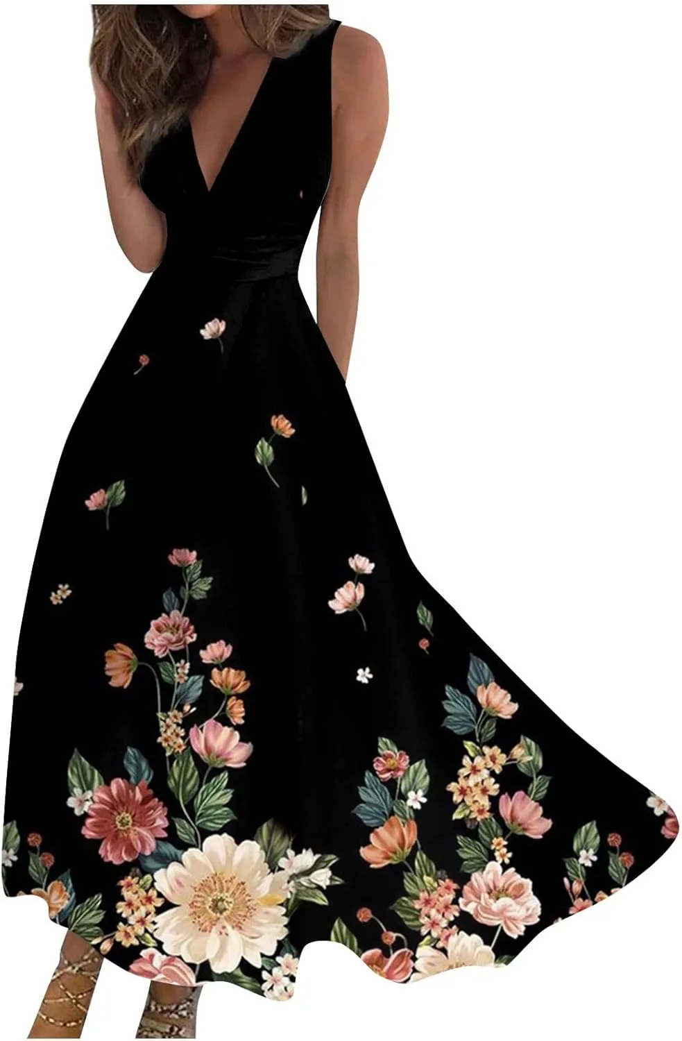 Women's Sundresses 2025 V-Neck Floral Print Sleeveless Casual Swing High Waist Long Maxi Dress, S-3XL