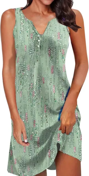 Womens Sundresses Casual Floral Sleeveless V Neck Tank Dress Beach Vacation Outfits Short Knee Length Dress
