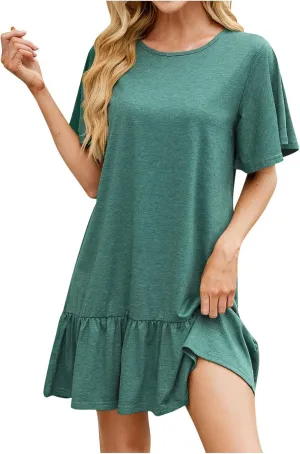 Women's T Shirt Dress Summer Casual Short Sleeve Ruffle Hem Crewneck Solid Loose Pleated Smock Mini Dresses Soft Beach Dress