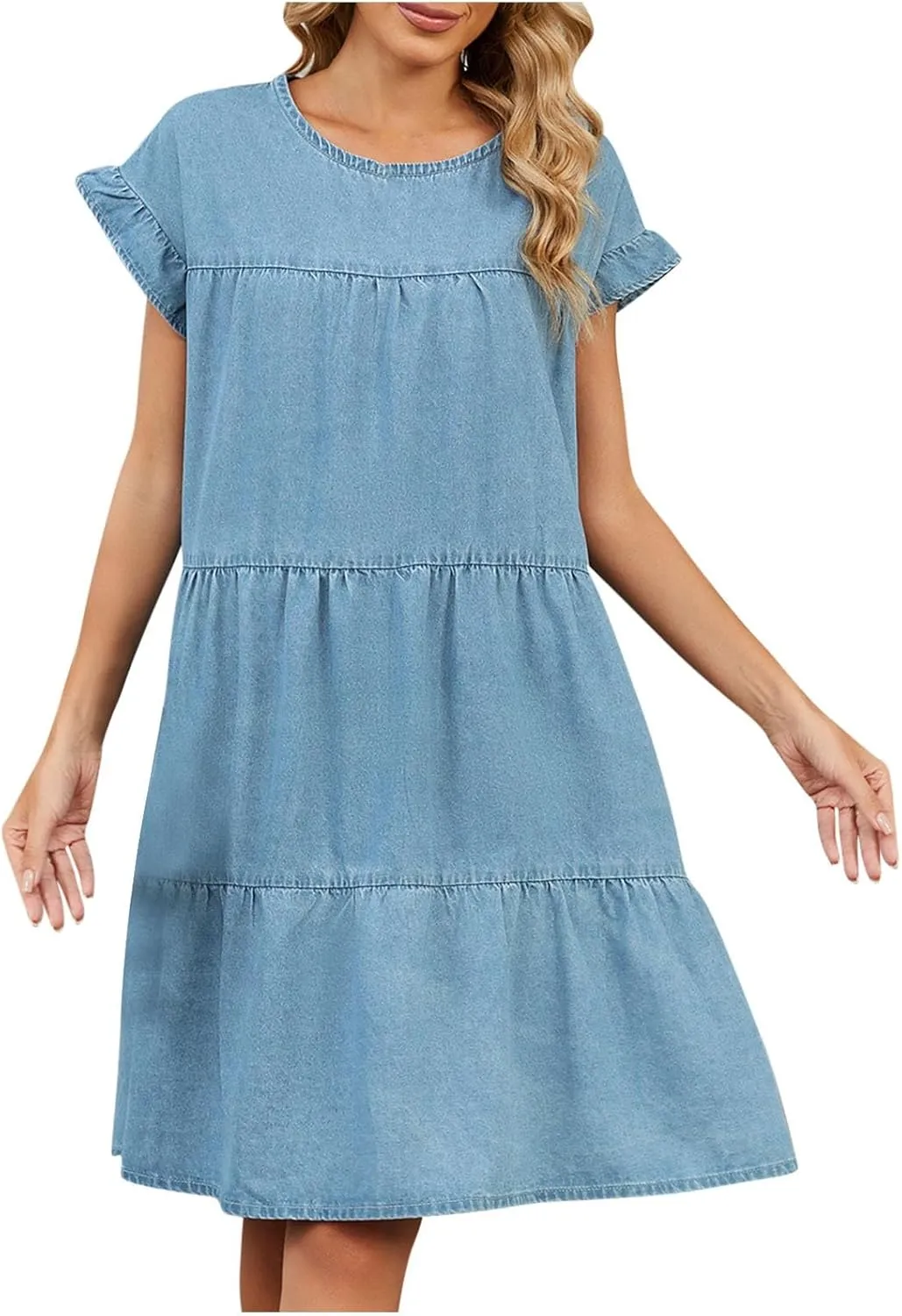 Women's T Shirt Dress Summer Casual Short Sleeve Ruffle Hem Crewneck Solid Loose Pleated Smock Mini Dresses Soft Beach Dress