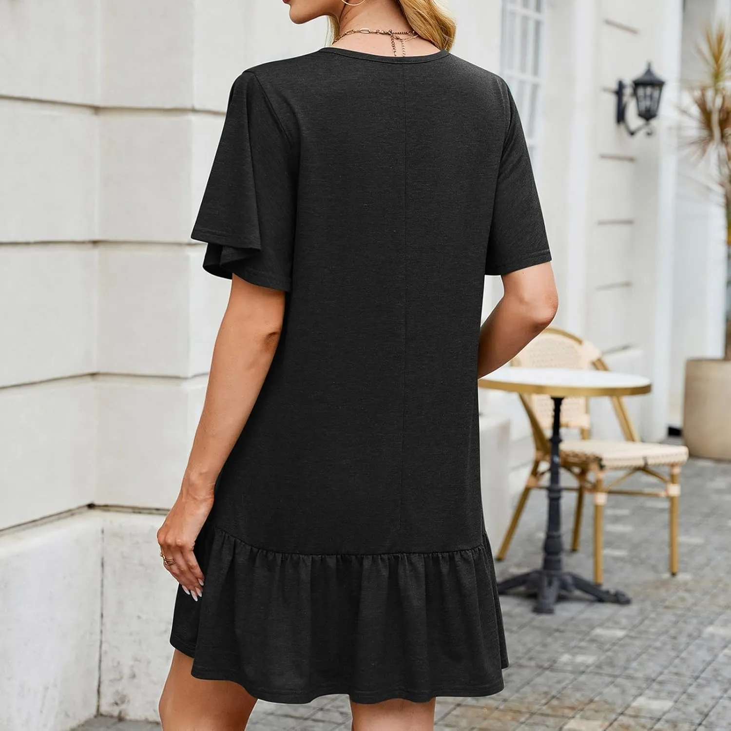 Women's T Shirt Dress Summer Casual Short Sleeve Ruffle Hem Crewneck Solid Loose Pleated Smock Mini Dresses Soft Beach Dress