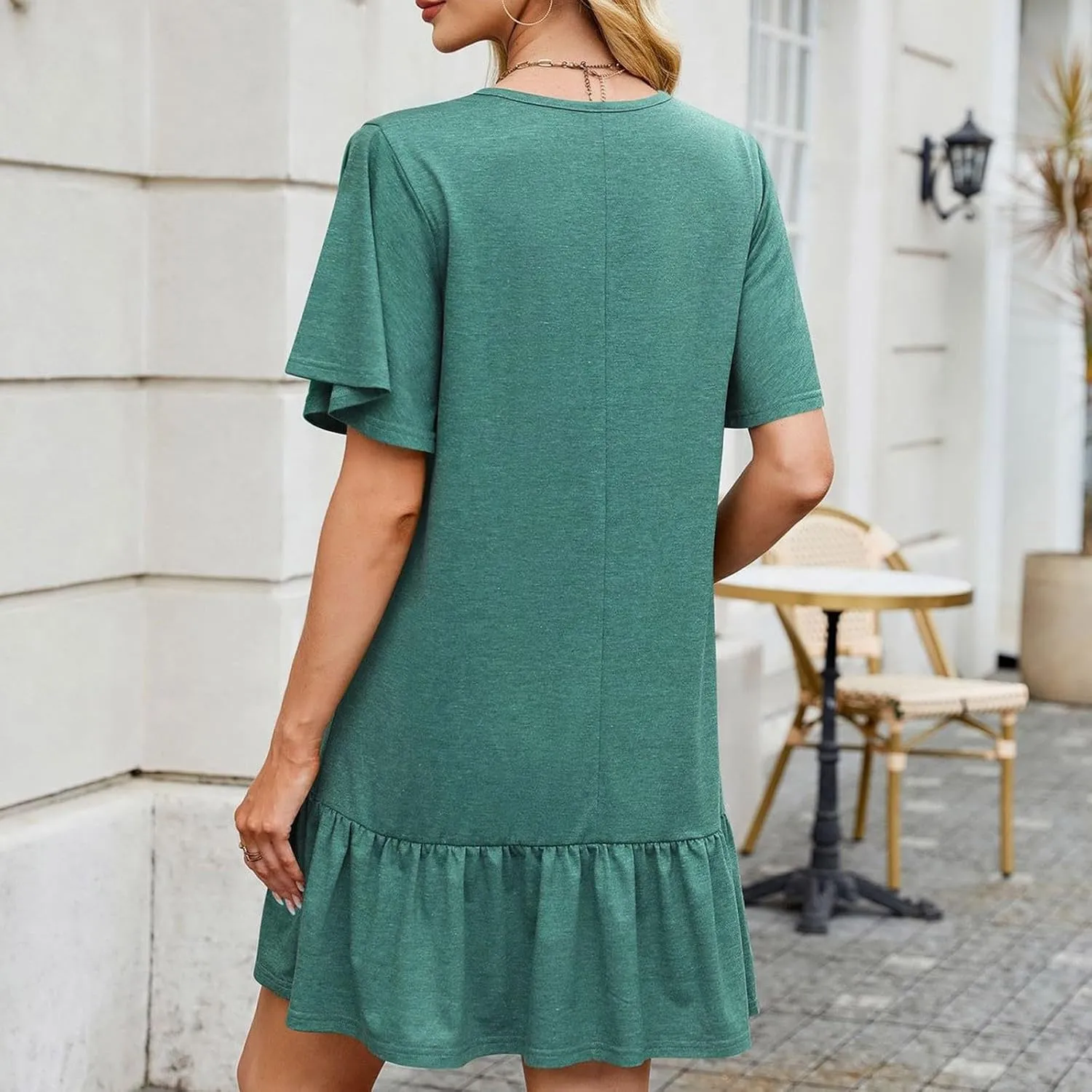 Women's T Shirt Dress Summer Casual Short Sleeve Ruffle Hem Crewneck Solid Loose Pleated Smock Mini Dresses Soft Beach Dress