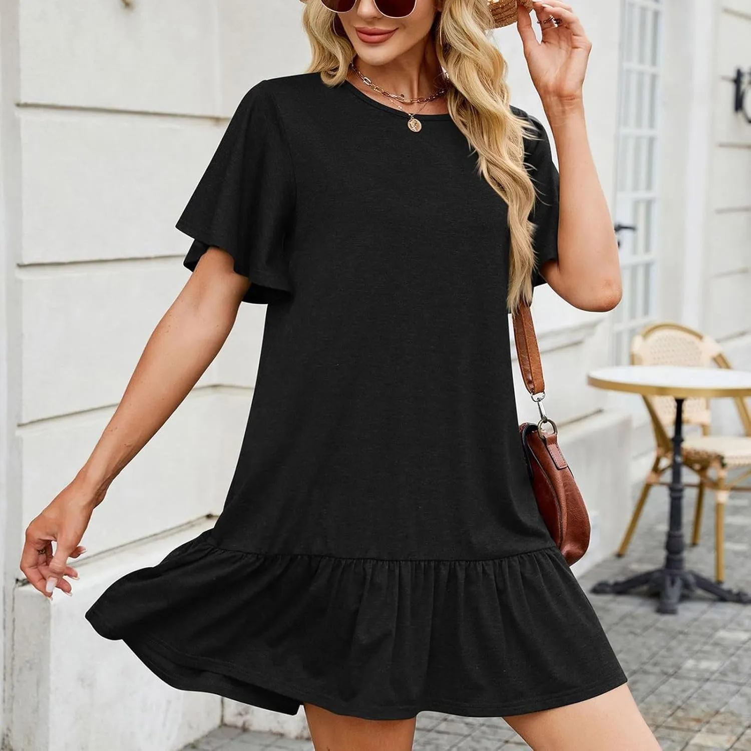 Women's T Shirt Dress Summer Casual Short Sleeve Ruffle Hem Crewneck Solid Loose Pleated Smock Mini Dresses Soft Beach Dress