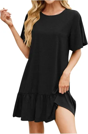 Women's T Shirt Dress Summer Casual Short Sleeve Ruffle Hem Crewneck Solid Loose Pleated Smock Mini Dresses Soft Beach Dress