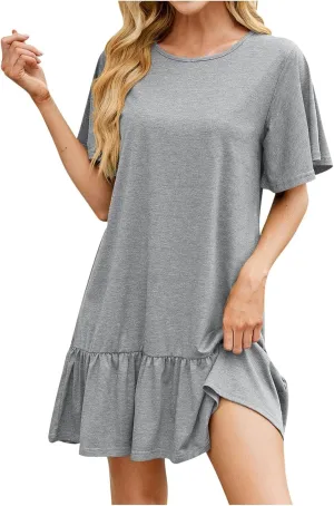 Women's T Shirt Dress Summer Casual Short Sleeve Ruffle Hem Crewneck Solid Loose Pleated Smock Mini Dresses Soft Beach Dress