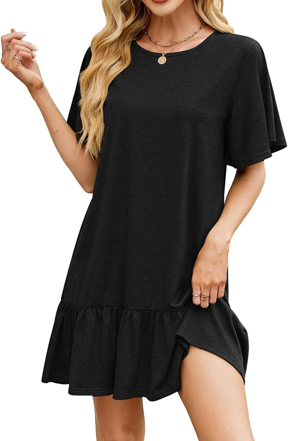 Women's T Shirt Dress Summer Casual Short Sleeve Ruffle Hem Crewneck Solid Loose Pleated Smock Mini Dresses Soft Beach Dress