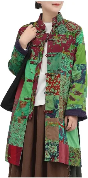 Women's Trench Coat Floral Print Mid-Long Cotton Linen Jacke Cottagecore Clothing Patchwork Outwear Bohemian