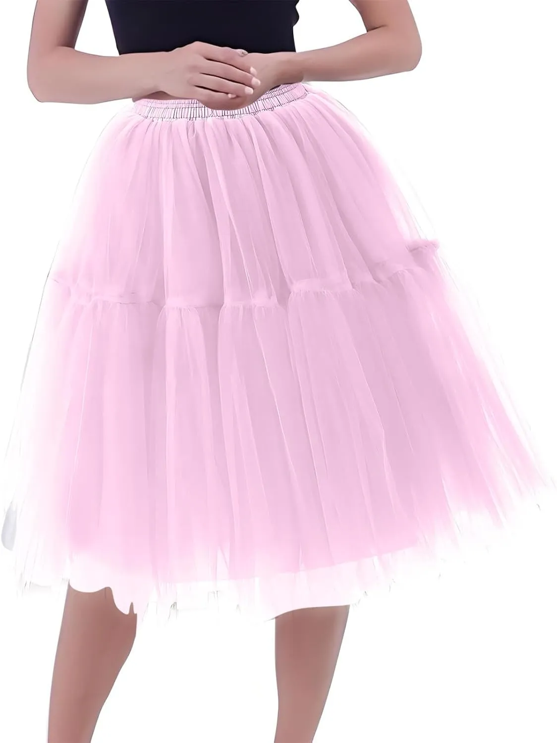Women's Tulle Skirts Midi Elastic High Waisted Petticoat Pleated Mesh A-Line Party Long Tutu Skirt Under Dress