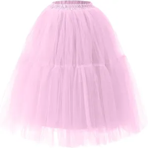 Women's Tulle Skirts Midi Elastic High Waisted Petticoat Pleated Mesh A-Line Party Long Tutu Skirt Under Dress