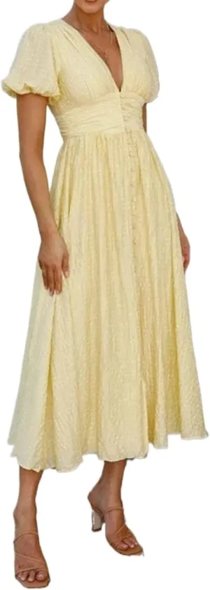 Women's V-Neck Dresses Puff Sleeve Split Solid Summer A-line Maxi Long Sundress Button Beach Party Dress