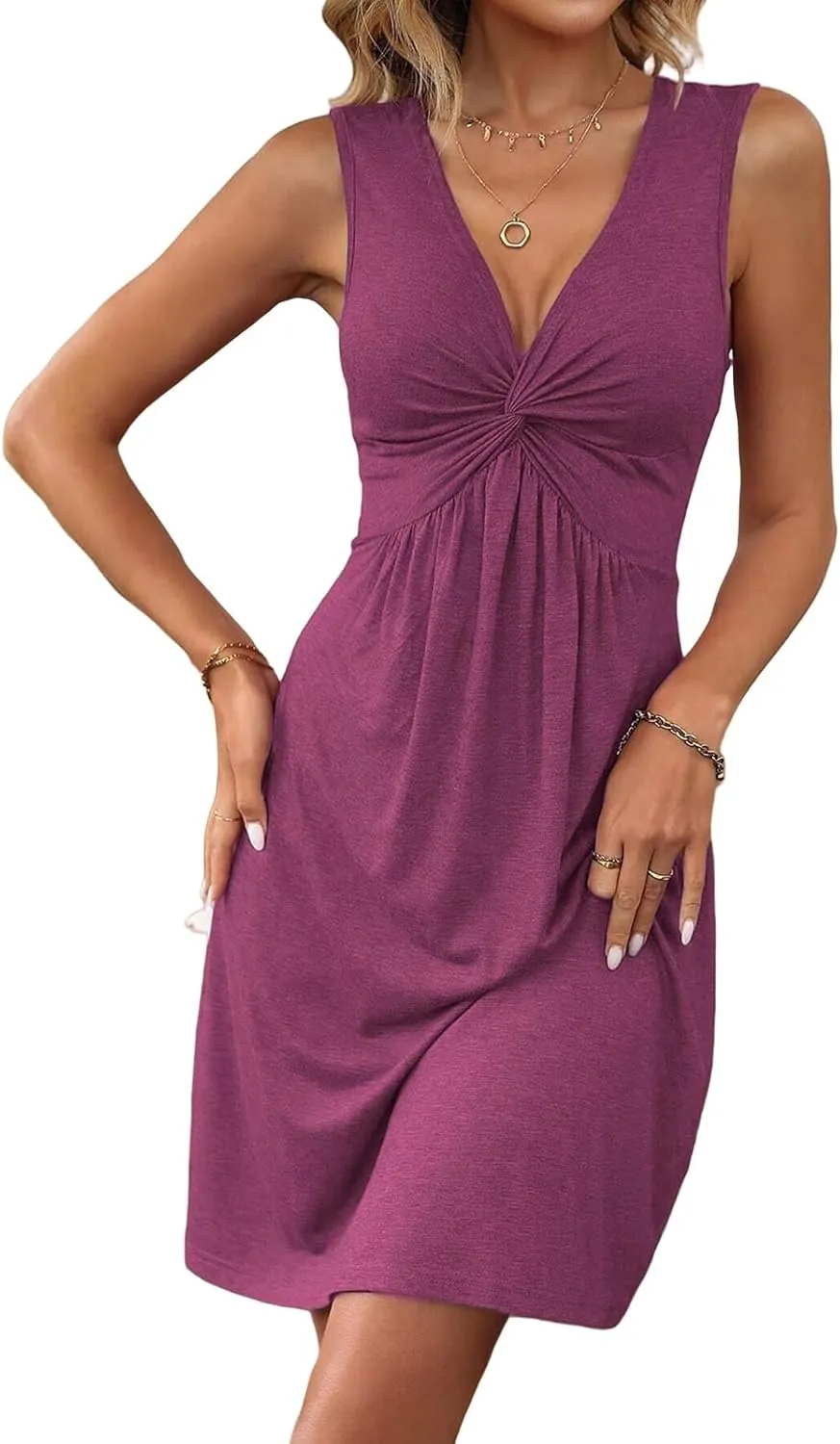 Womens V Neck Sleeveless Tank Dresses Front Knotted Sundress Casual A Line Beach Party Mini Dress Beach Boho Dresses