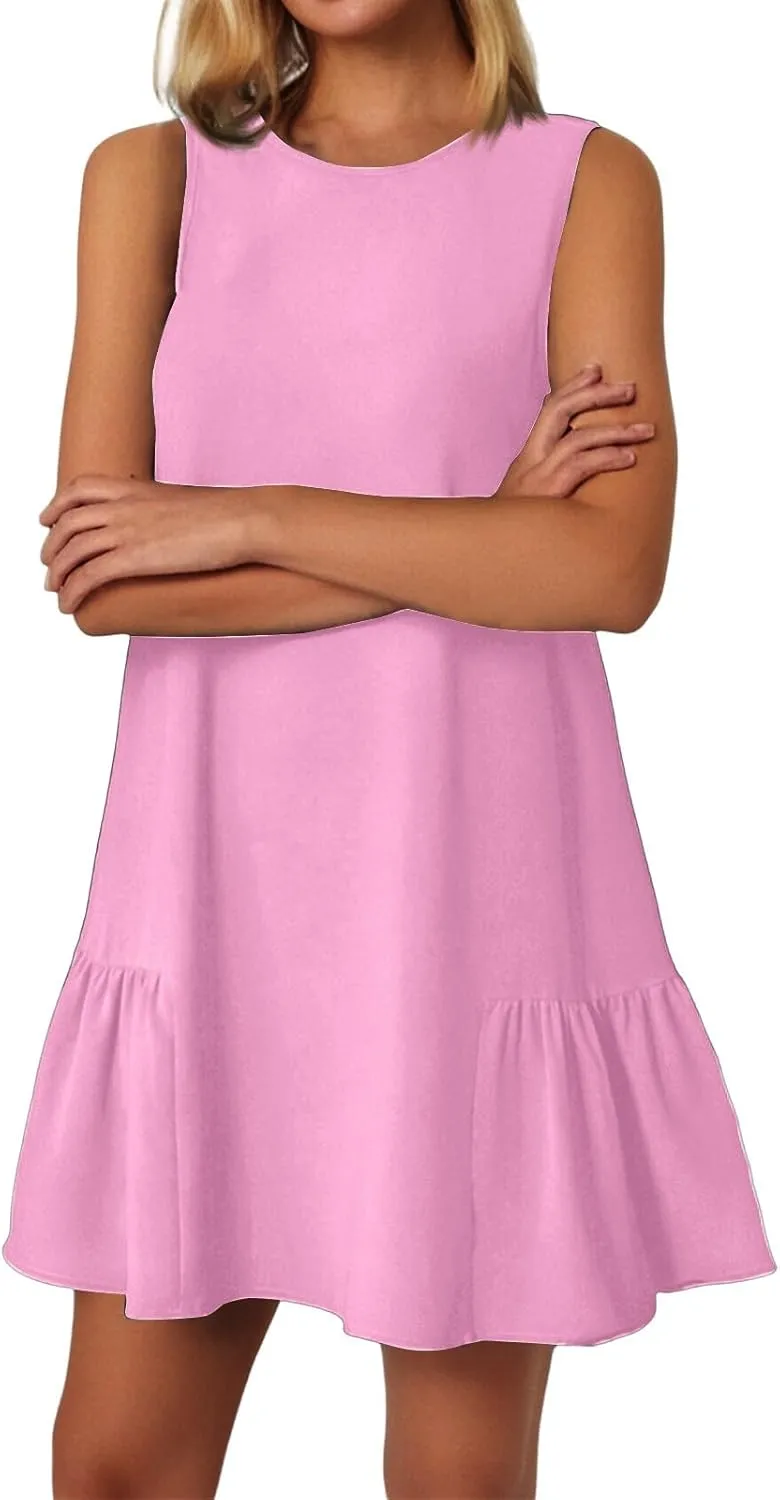 Women's Vacation Outfits 2025 Sleeveless Round Neck Tank Ruffle Loose Mini Sundresses with Pocket, S-2XL