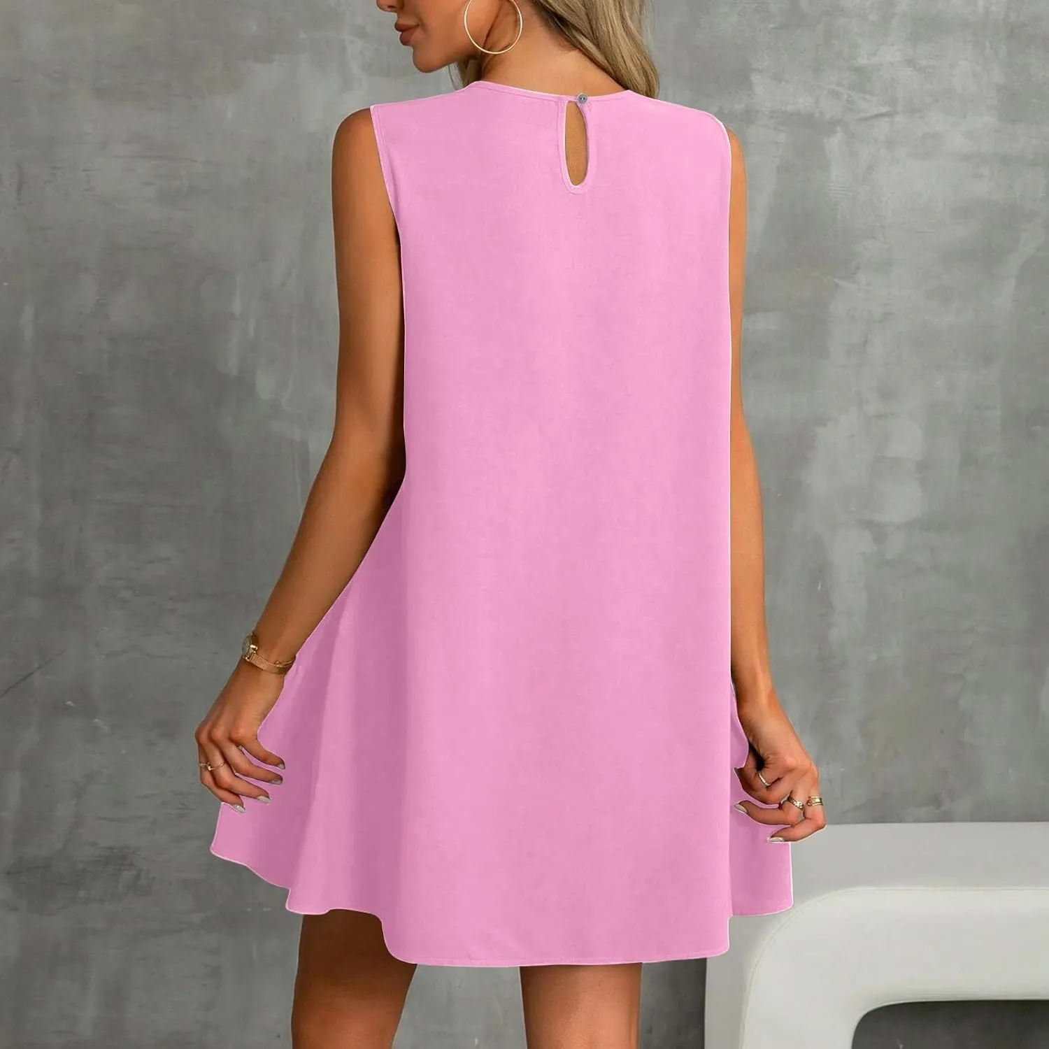 Women's Vacation Outfits 2025 Sleeveless Round Neck Tank Ruffle Loose Mini Sundresses with Pocket, S-2XL