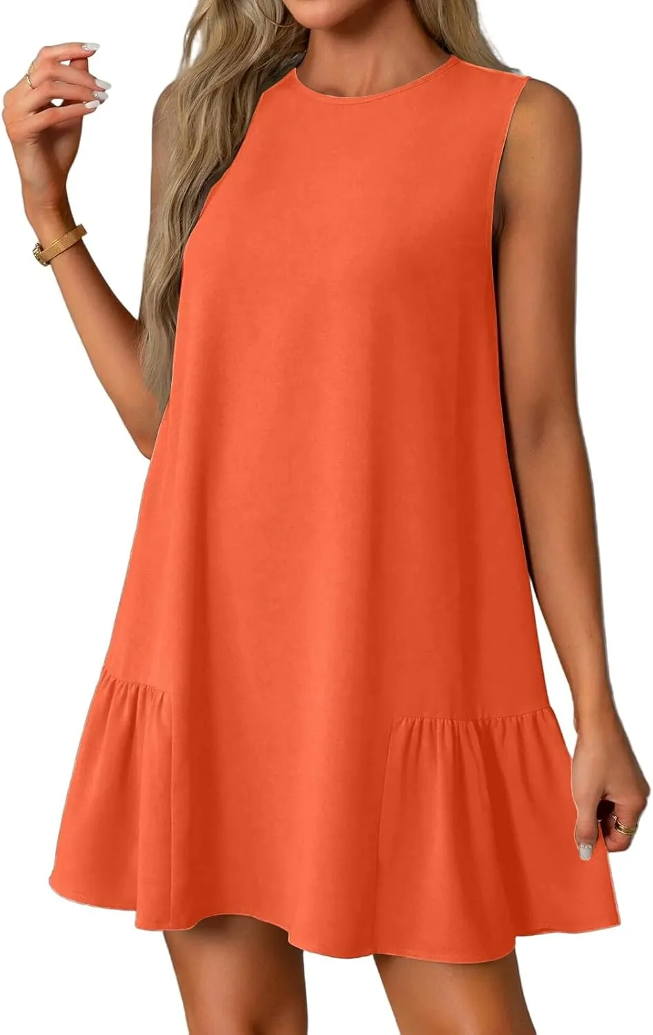Women's Vacation Outfits 2025 Sleeveless Round Neck Tank Ruffle Loose Mini Sundresses with Pocket, S-2XL